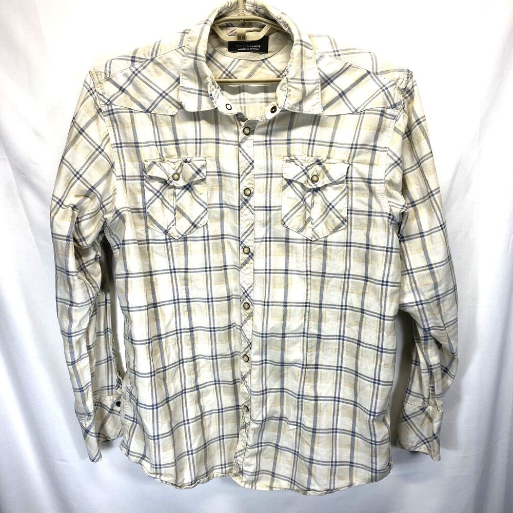 Scotch & Soda Men's XXL Flannel Shirt Pearl Snap Plaid Elbow Pads Long Sleeve
